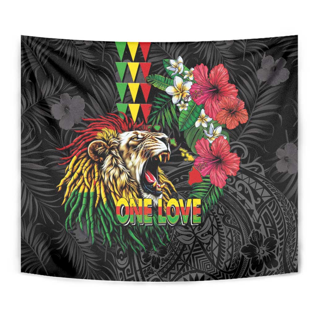 Hawaiian One Love Tapestry Reggae Lion Tropical Plants and Kakau with Tribal Pattern