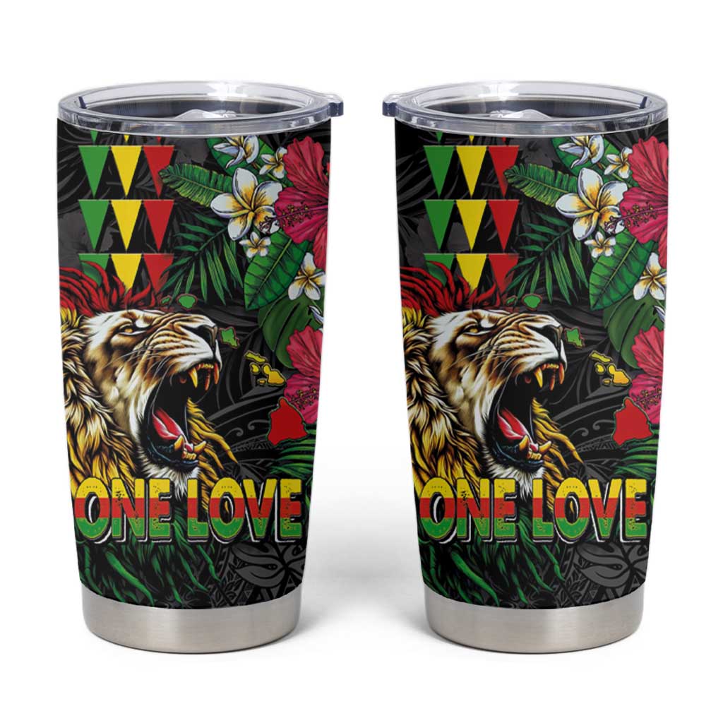 Hawaiian One Love Tumbler Cup Reggae Lion Tropical Plants and Kakau with Tribal Pattern LT03 Black - Polynesian Pride