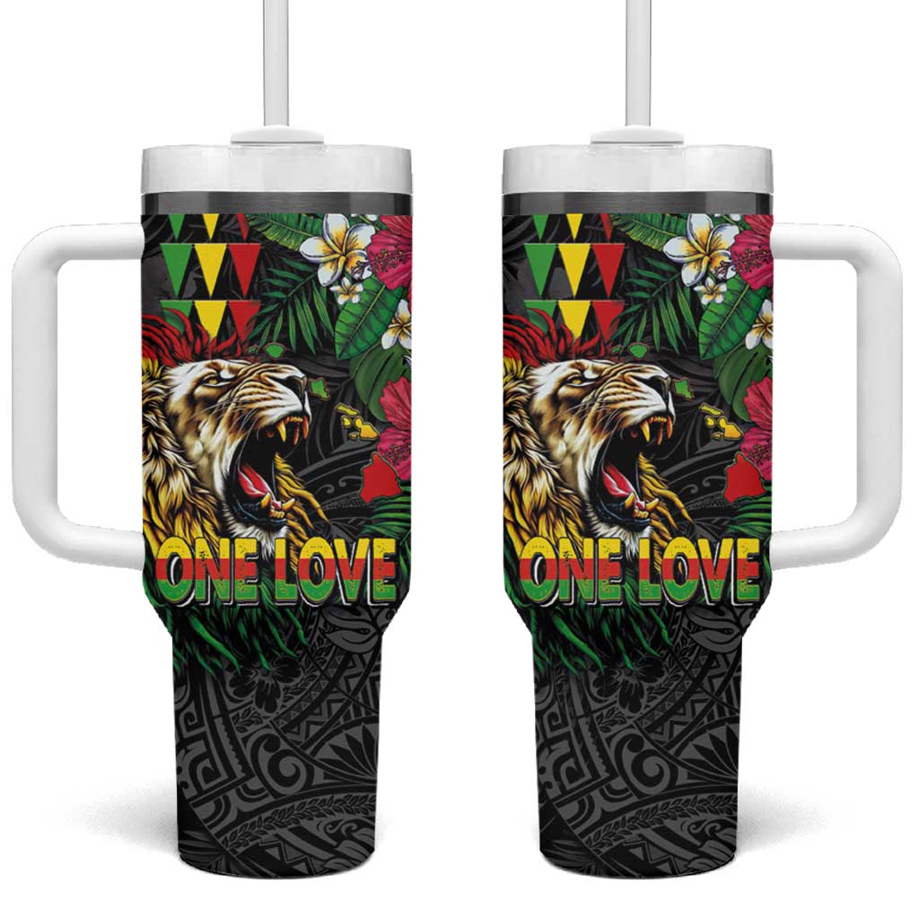 Hawaiian One Love Tumbler With Handle Reggae Lion Tropical Plants and Kakau with Tribal Pattern LT03 One Size: 40 oz Black - Polynesian Pride
