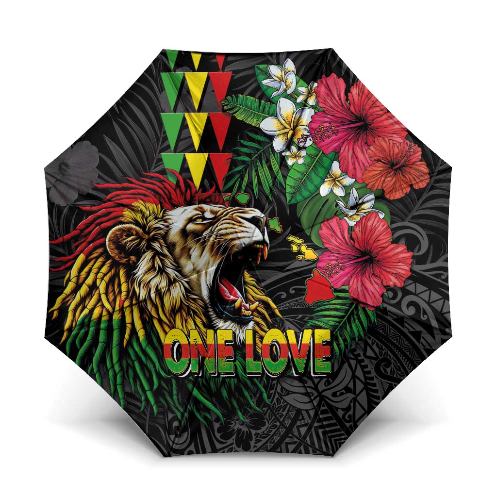 Hawaiian One Love Umbrella Reggae Lion Tropical Plants and Kakau with Tribal Pattern LT03 One Size Folded 11.42 inch Opened Diameter 37.4 inch Black - Polynesian Pride