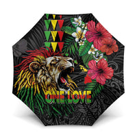 Hawaiian One Love Umbrella Reggae Lion Tropical Plants and Kakau with Tribal Pattern LT03 One Size Folded 11.42 inch Opened Diameter 37.4 inch Black - Polynesian Pride