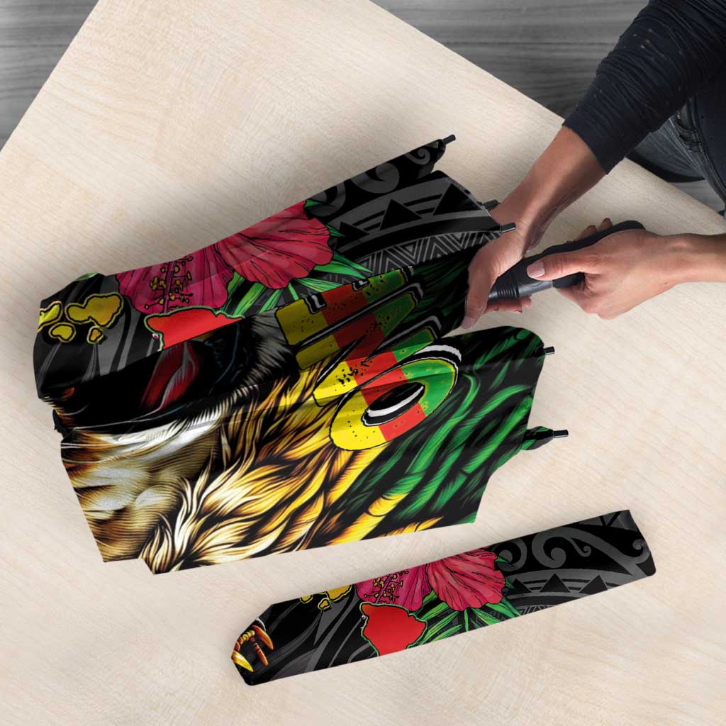 Hawaiian One Love Umbrella Reggae Lion Tropical Plants and Kakau with Tribal Pattern LT03 - Polynesian Pride