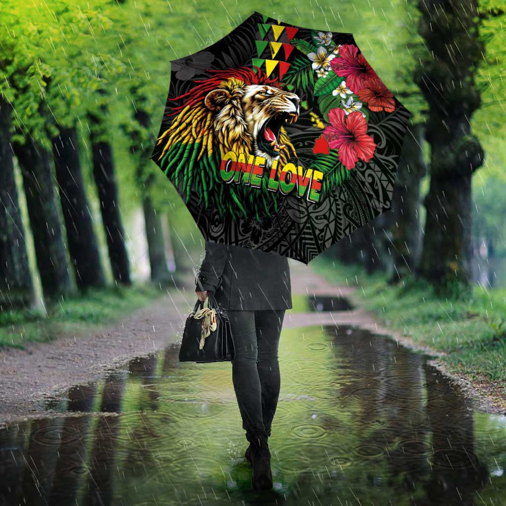 Hawaiian One Love Umbrella Reggae Lion Tropical Plants and Kakau with Tribal Pattern LT03 - Polynesian Pride