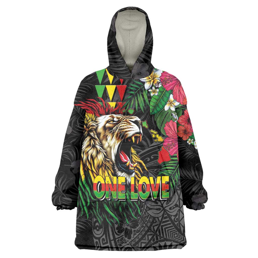 Hawaiian One Love Wearable Blanket Hoodie Reggae Lion Tropical Plants and Kakau with Tribal Pattern