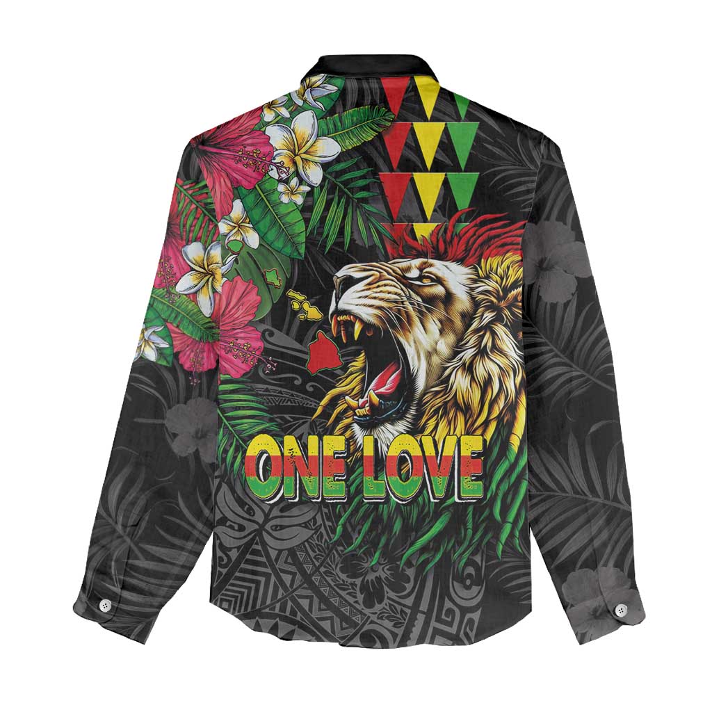 Hawaiian One Love Women Casual Shirt Reggae Lion Tropical Plants and Kakau with Tribal Pattern LT03 - Polynesian Pride