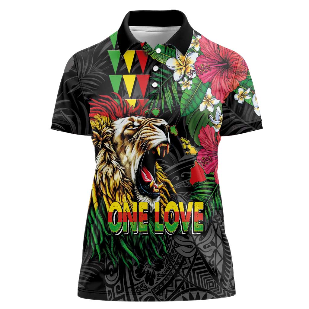 Hawaiian One Love Women Polo Shirt Reggae Lion Tropical Plants and Kakau with Tribal Pattern