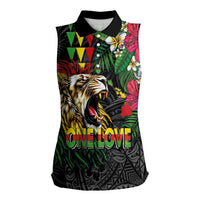 Hawaiian One Love Women Sleeveless Polo Shirt Reggae Lion Tropical Plants and Kakau with Tribal Pattern LT03 Female Black - Polynesian Pride