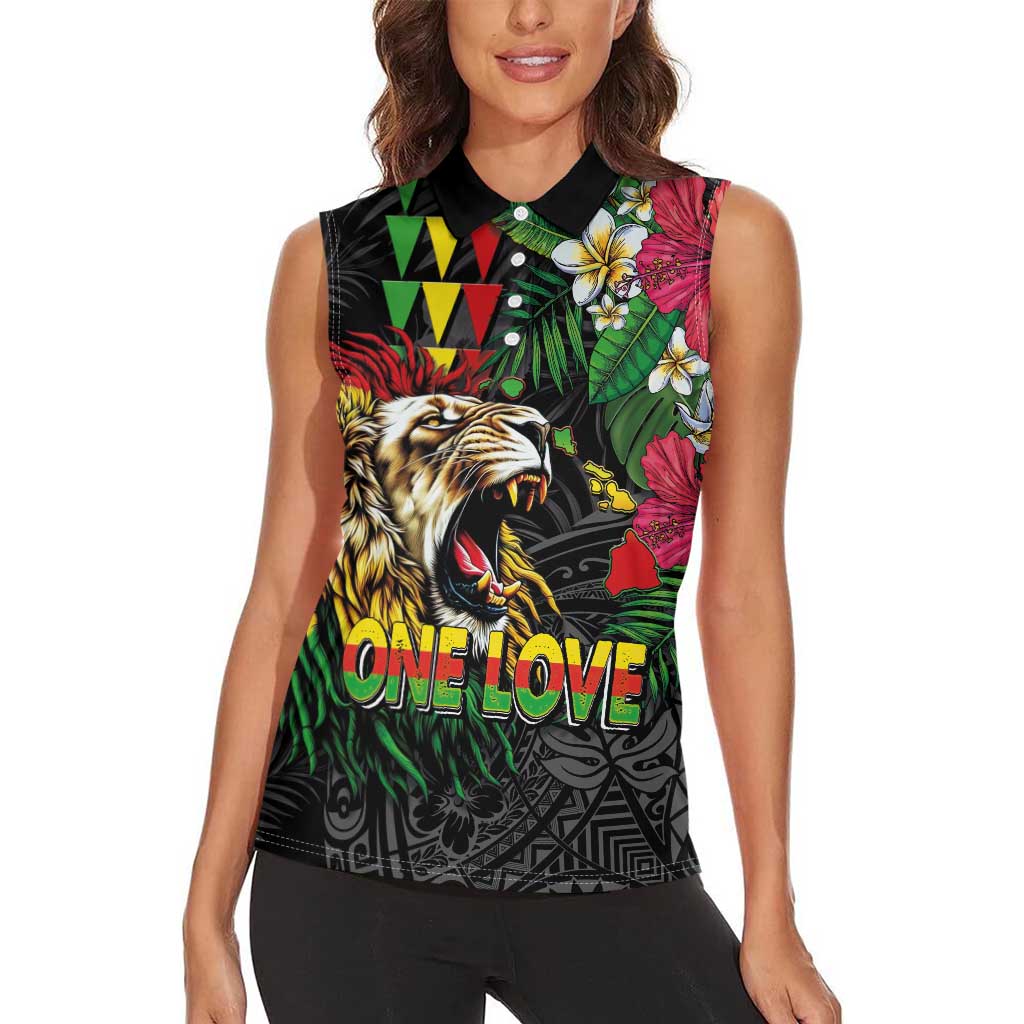 Hawaiian One Love Women Sleeveless Polo Shirt Reggae Lion Tropical Plants and Kakau with Tribal Pattern LT03 - Polynesian Pride