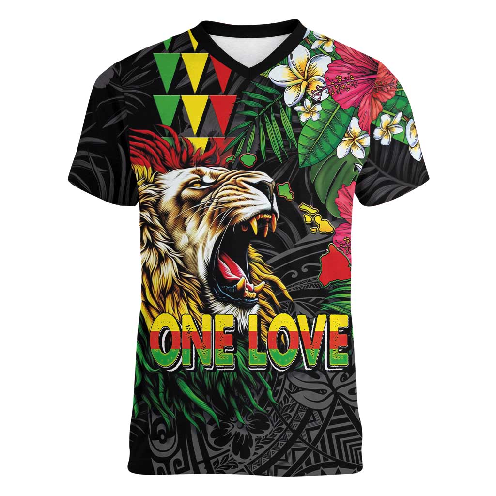 Hawaiian One Love Women V-Neck T-Shirt Reggae Lion Tropical Plants and Kakau with Tribal Pattern LT03 Female Black - Polynesian Pride