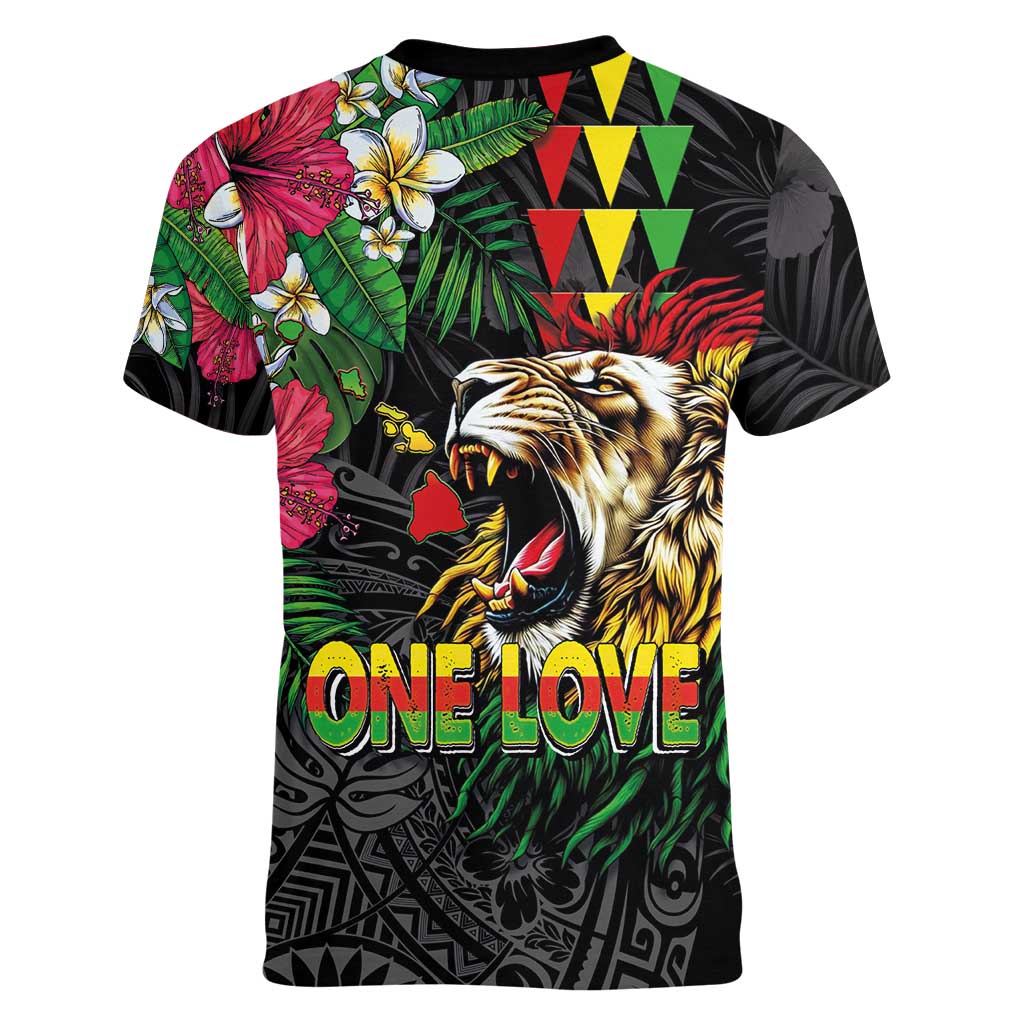 Hawaiian One Love Women V-Neck T-Shirt Reggae Lion Tropical Plants and Kakau with Tribal Pattern LT03 - Polynesian Pride