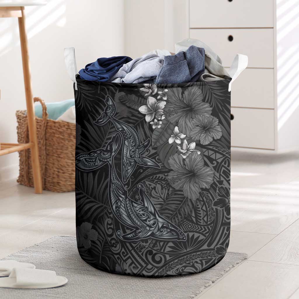 Hawaiian Tropical Plants and Tribal Whales Laundry Basket Polynesian Art Tattoo Grayscale
