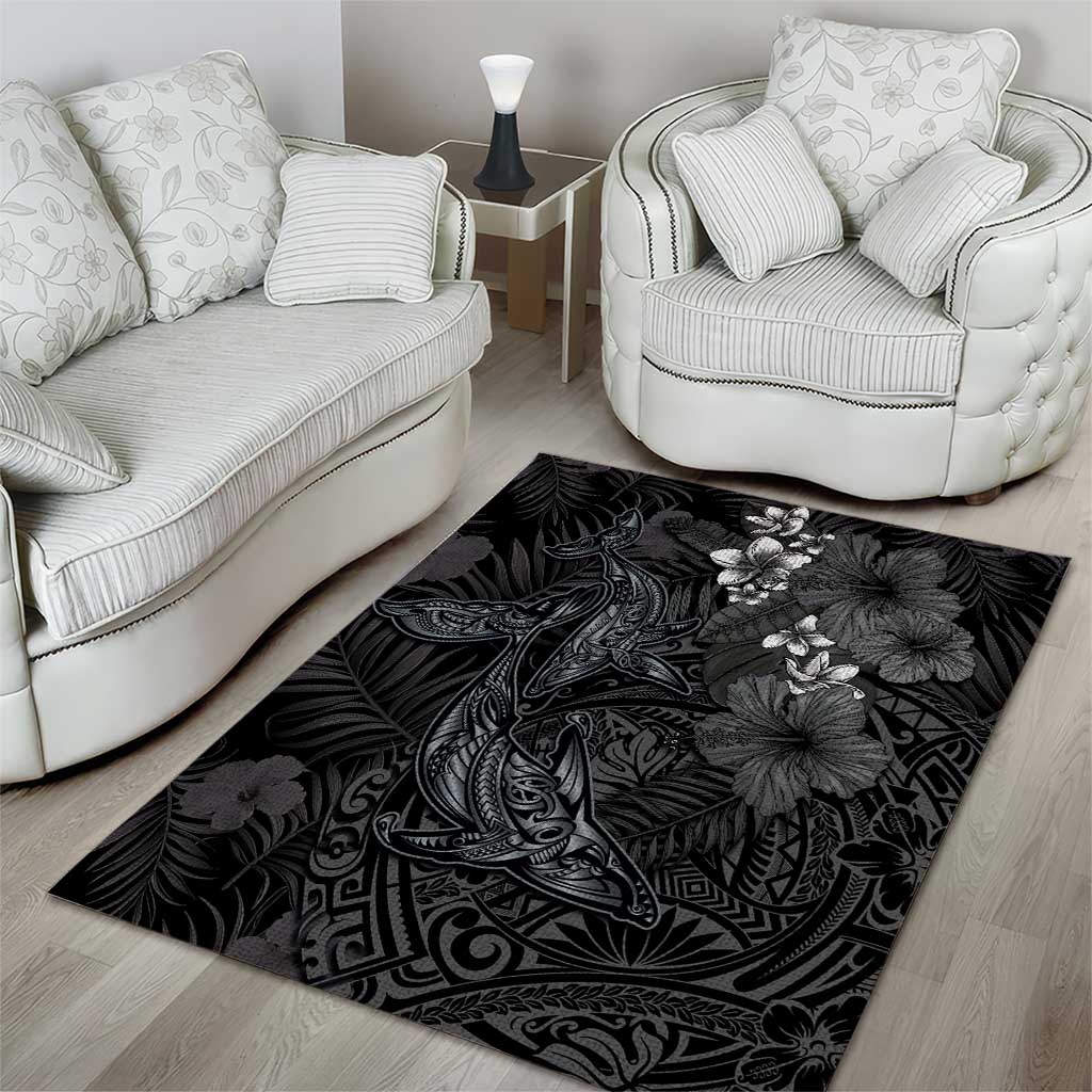 Hawaiian Tropical Plants and Tribal Whales Area Rug Polynesian Art Tattoo Grayscale