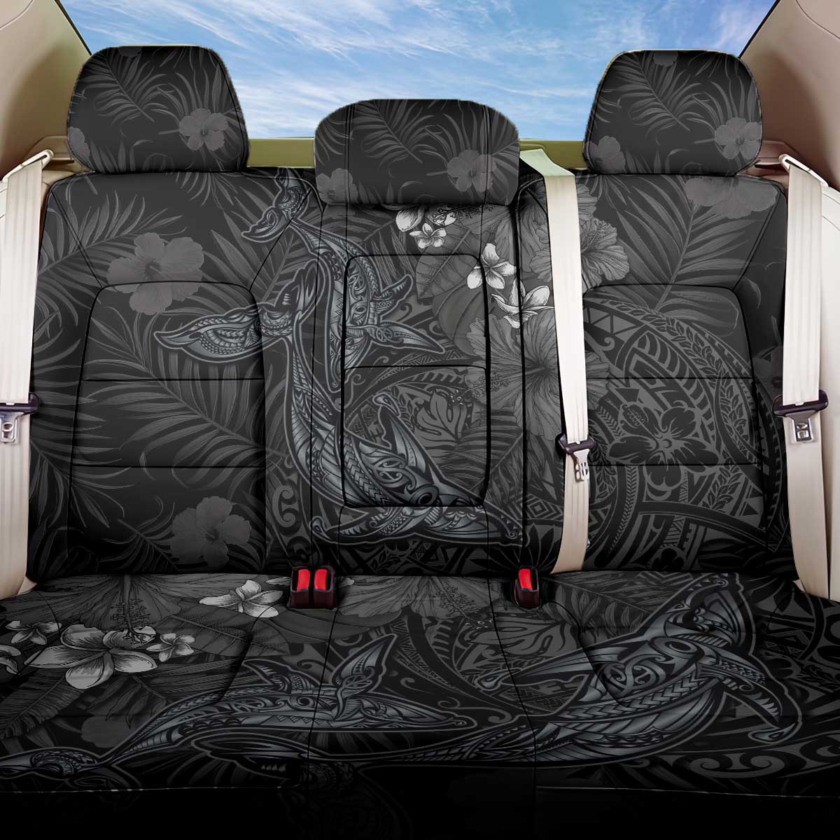 Hawaiian Tropical Plants and Tribal Whales Back Car Seat Cover Polynesian Art Tattoo Grayscale LT03 One Size Black - Polynesian Pride