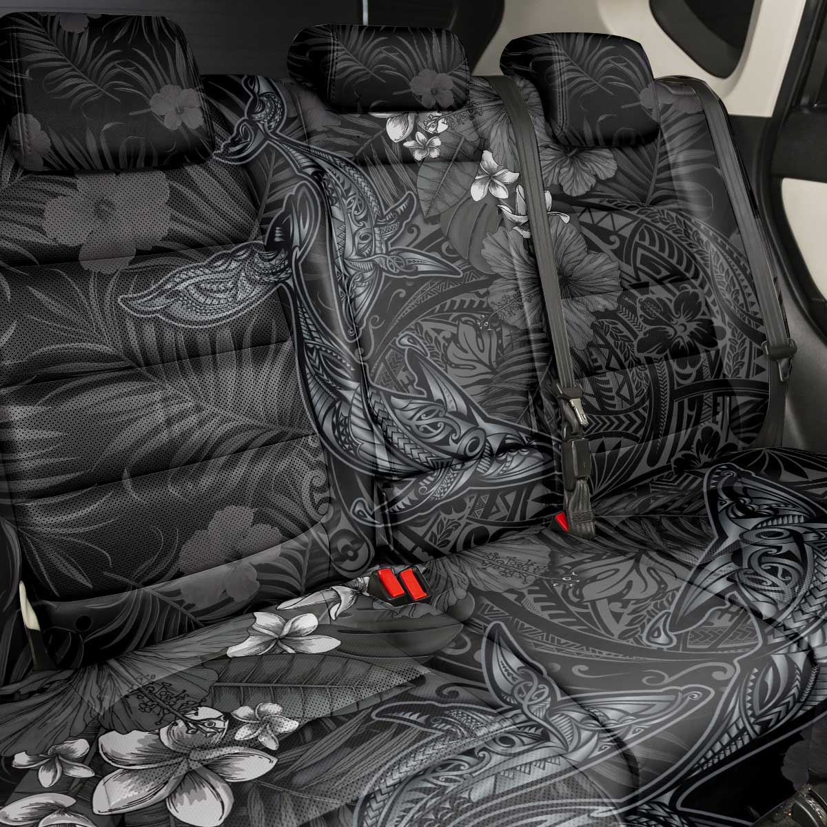 Hawaiian Tropical Plants and Tribal Whales Back Car Seat Cover Polynesian Art Tattoo Grayscale