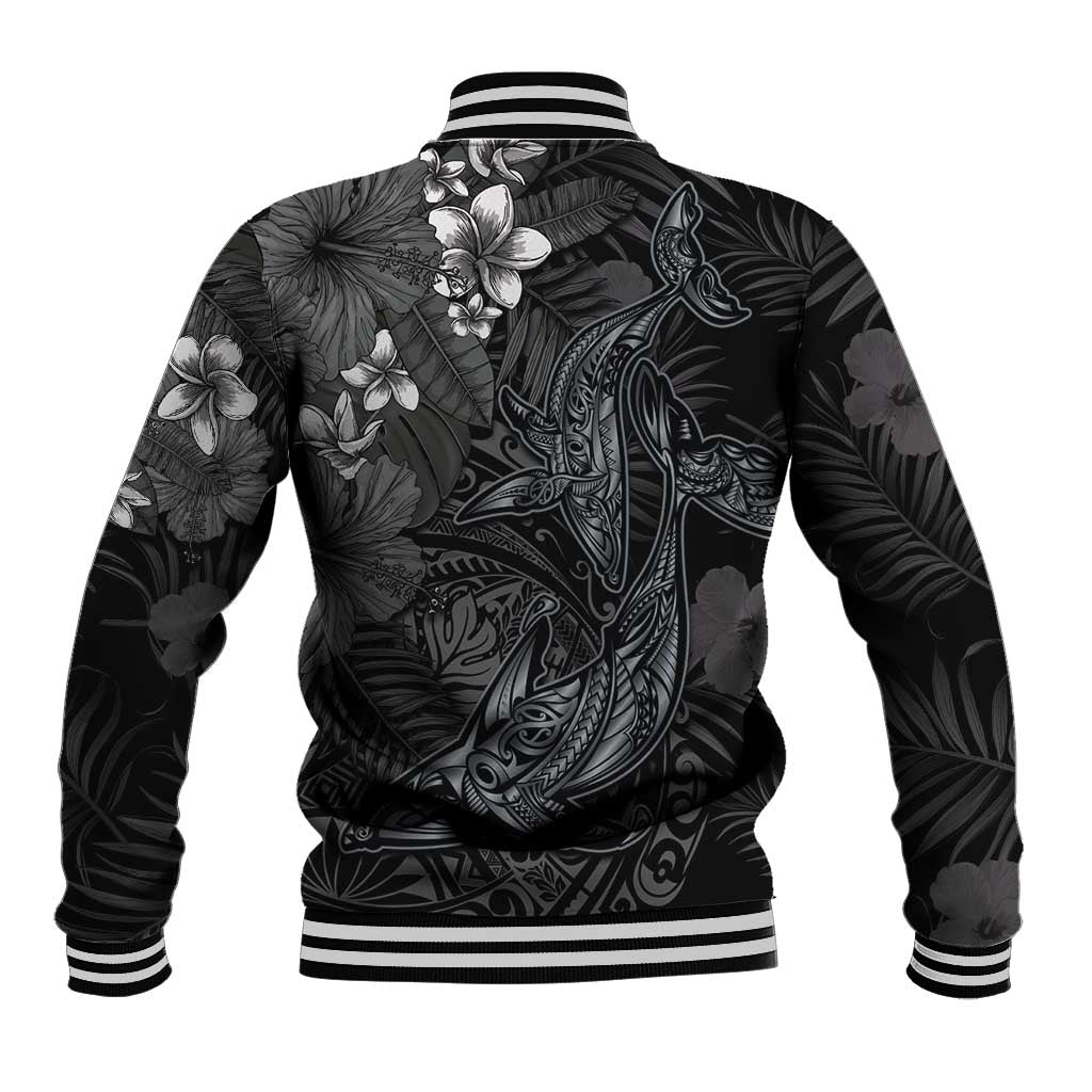 Hawaiian Tropical Plants and Tribal Whales Baseball Jacket Polynesian Art Tattoo Grayscale
