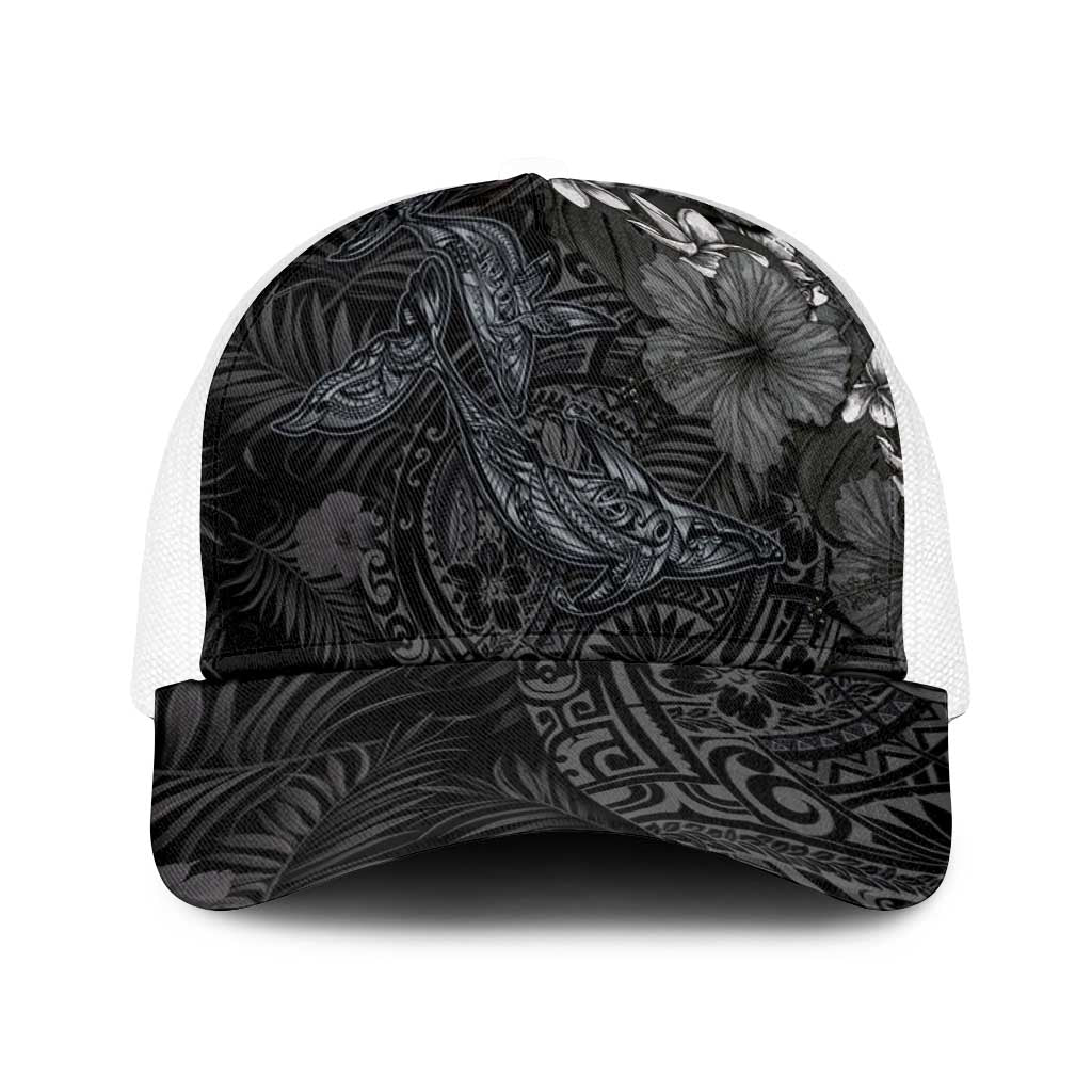 Hawaiian Tropical Plants and Tribal Whales Baseball Net Cap Polynesian Art Tattoo Grayscale LT03 One Size White Black - Polynesian Pride