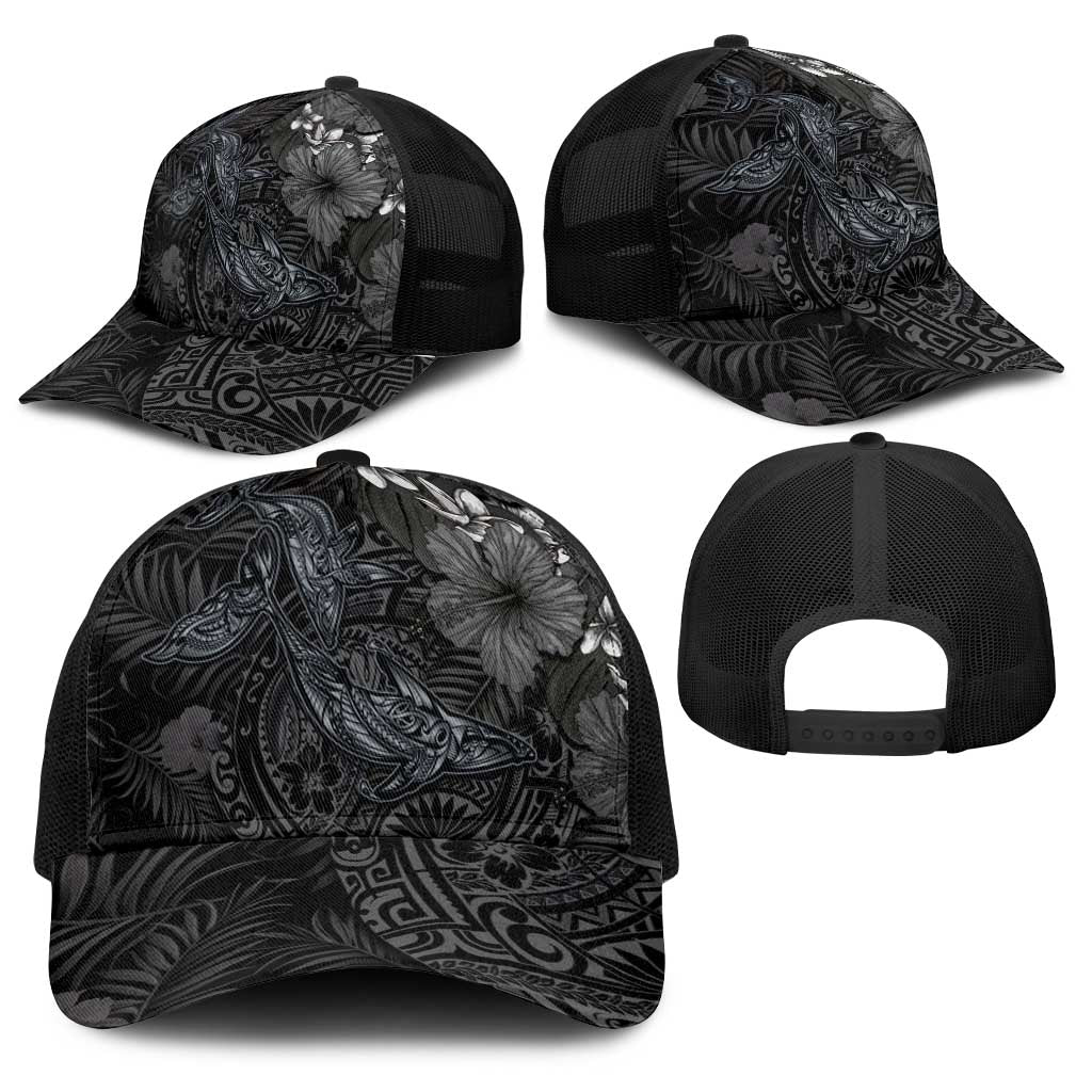 Hawaiian Tropical Plants and Tribal Whales Baseball Net Cap Polynesian Art Tattoo Grayscale LT03 - Polynesian Pride