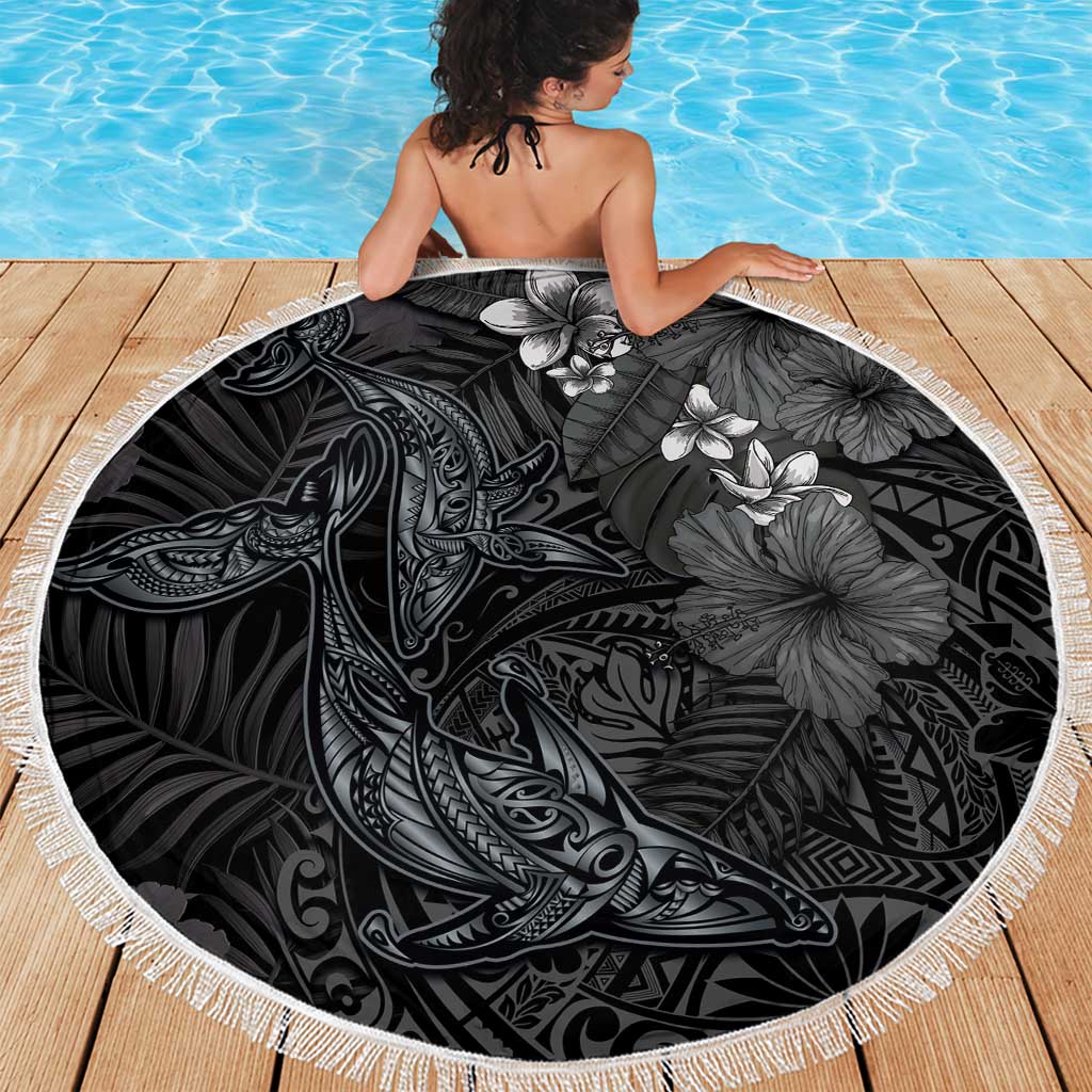 Hawaiian Tropical Plants and Tribal Whales Beach Blanket Polynesian Art Tattoo Grayscale
