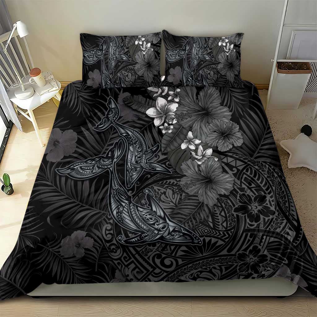 Hawaiian Tropical Plants and Tribal Whales Bedding Set Polynesian Art Tattoo Grayscale