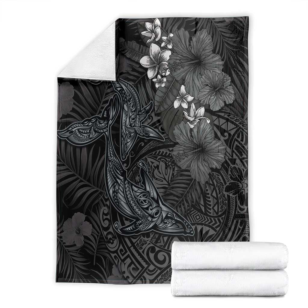 Hawaiian Tropical Plants and Tribal Whales Blanket Polynesian Art Tattoo Grayscale