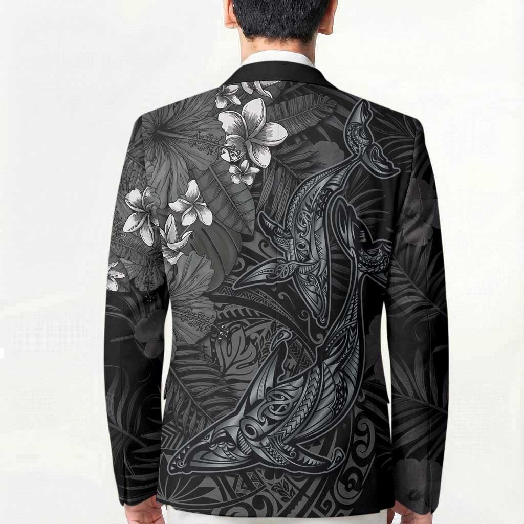 Hawaiian Tropical Plants and Tribal Whales Blazer Polynesian Art Tattoo Grayscale