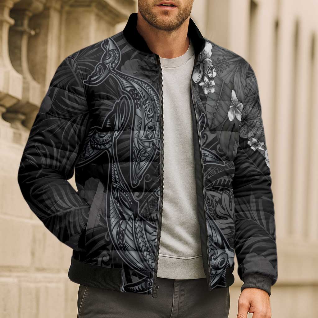 Hawaiian Tropical Plants and Tribal Whales Bomber Puffer Jacket Polynesian Art Tattoo Grayscale