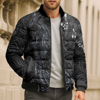 Hawaiian Tropical Plants and Tribal Whales Bomber Puffer Jacket Polynesian Art Tattoo Grayscale
