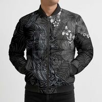 Hawaiian Tropical Plants and Tribal Whales Bomber Puffer Jacket Polynesian Art Tattoo Grayscale