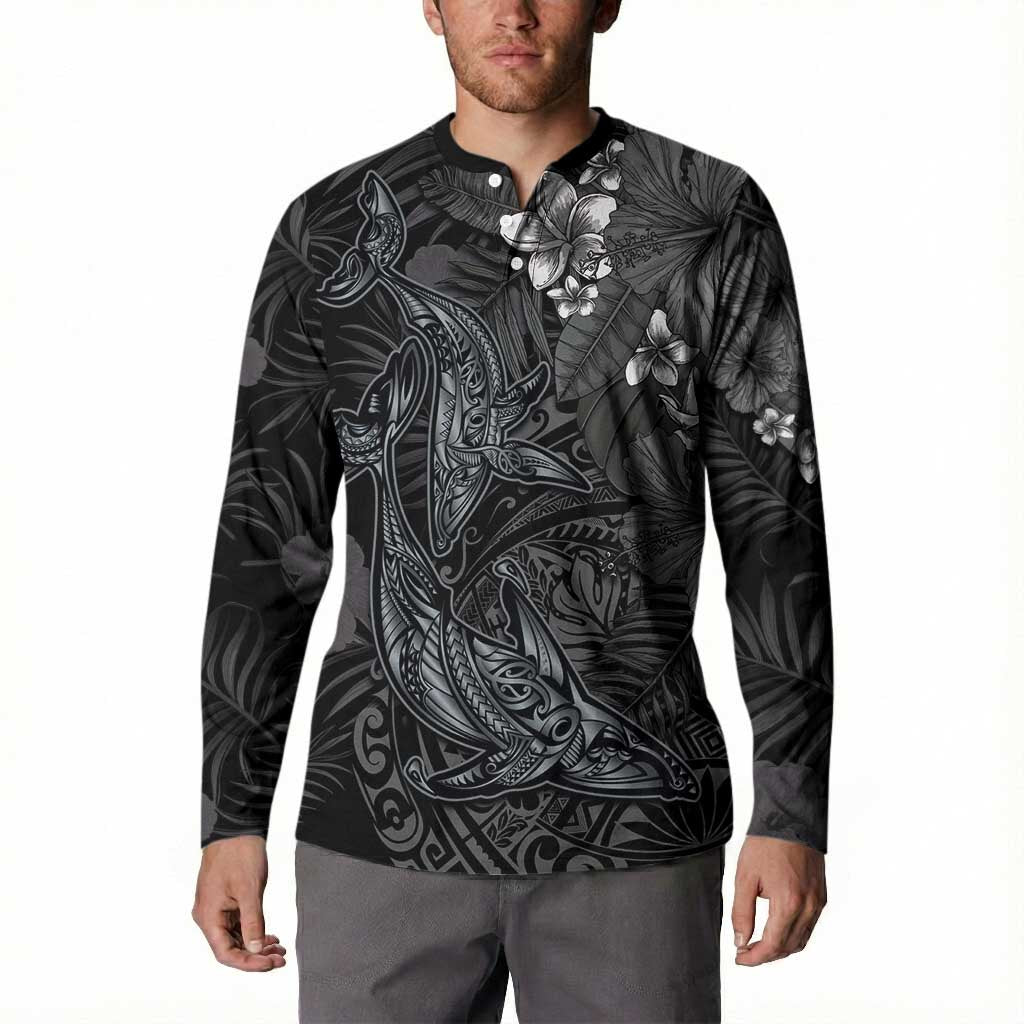Hawaiian Tropical Plants and Tribal Whales Button Sweatshirt Polynesian Art Tattoo Grayscale