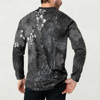 Hawaiian Tropical Plants and Tribal Whales Button Sweatshirt Polynesian Art Tattoo Grayscale