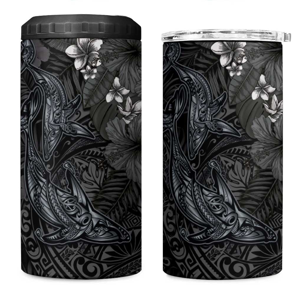 Hawaiian Tropical Plants and Tribal Whales 4 in 1 Can Cooler Tumbler Polynesian Art Tattoo Grayscale LT03 One Size: 16 oz Black - Polynesian Pride