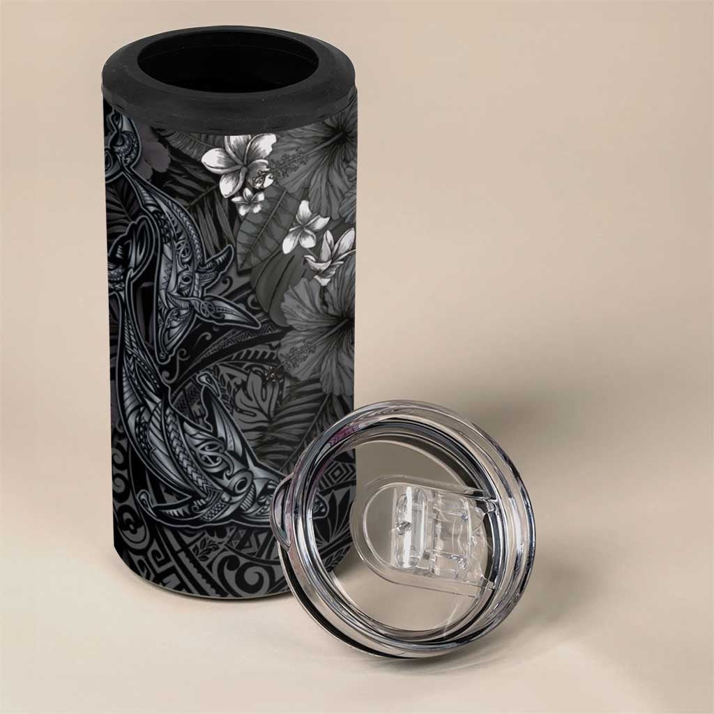 Hawaiian Tropical Plants and Tribal Whales 4 in 1 Can Cooler Tumbler Polynesian Art Tattoo Grayscale LT03 - Polynesian Pride