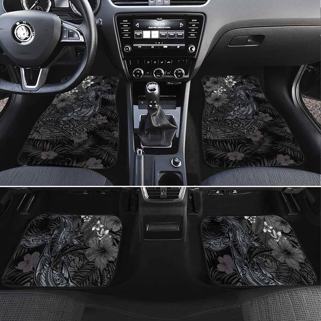 Hawaiian Tropical Plants and Tribal Whales Car Mats Polynesian Art Tattoo Grayscale LT03 Set 4pcs Black - Polynesian Pride