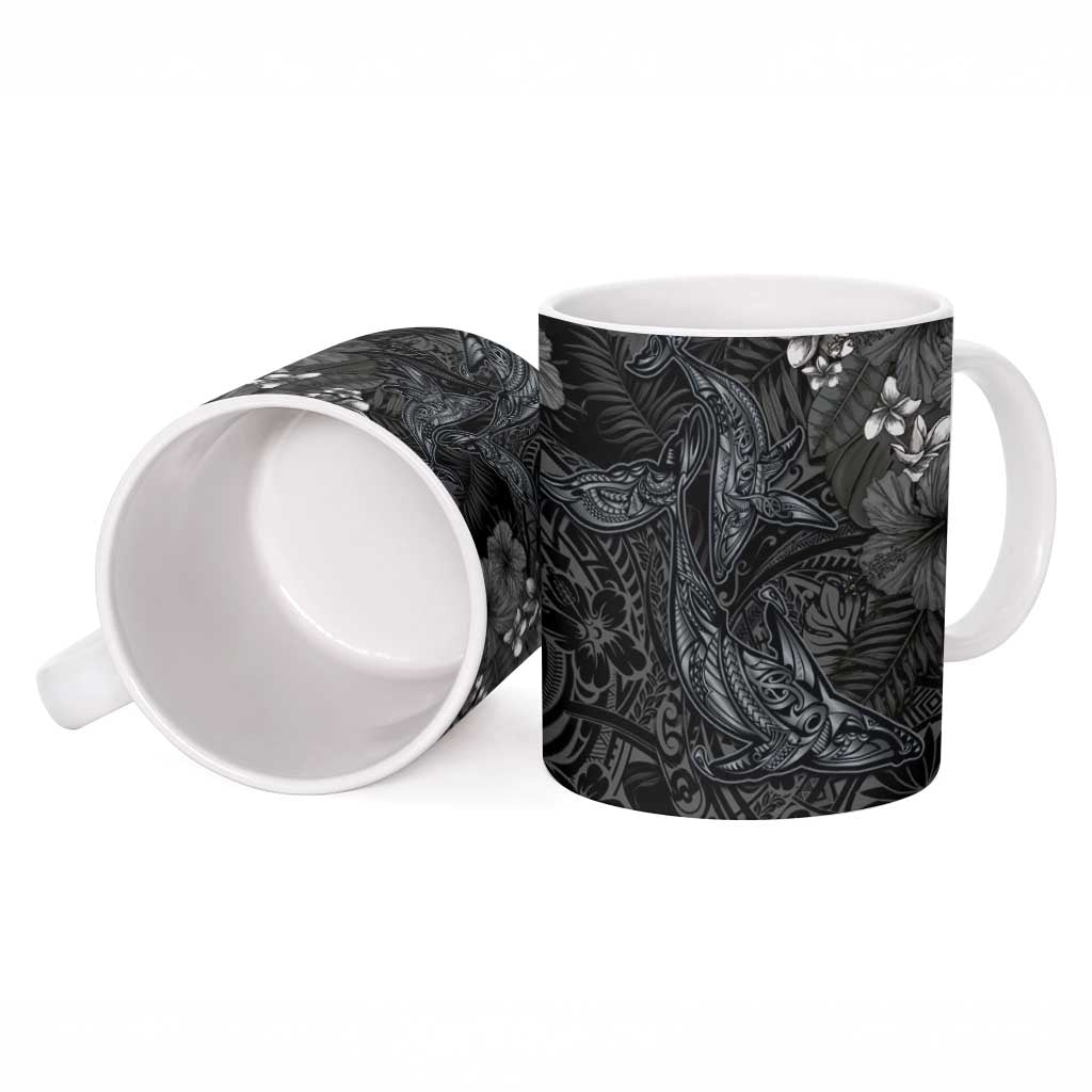 Hawaiian Tropical Plants and Tribal Whales Ceramic Mug Polynesian Art Tattoo Grayscale