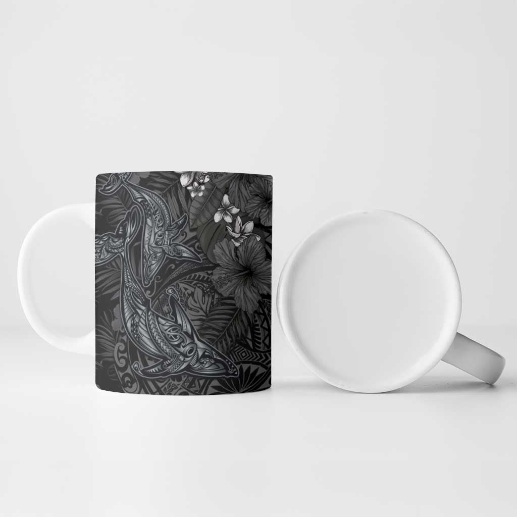 Hawaiian Tropical Plants and Tribal Whales Ceramic Mug Polynesian Art Tattoo Grayscale