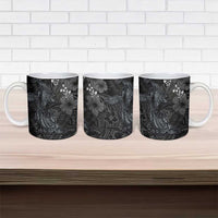 Hawaiian Tropical Plants and Tribal Whales Ceramic Mug Polynesian Art Tattoo Grayscale