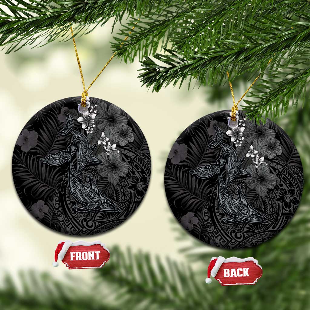 Hawaiian Tropical Plants and Tribal Whales Ceramic Ornament Polynesian Art Tattoo Grayscale