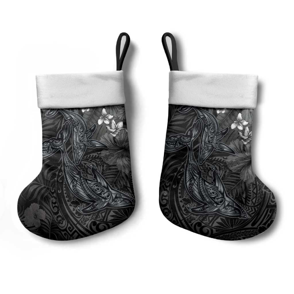 Hawaiian Tropical Plants and Tribal Whales Christmas Stocking Polynesian Art Tattoo Grayscale
