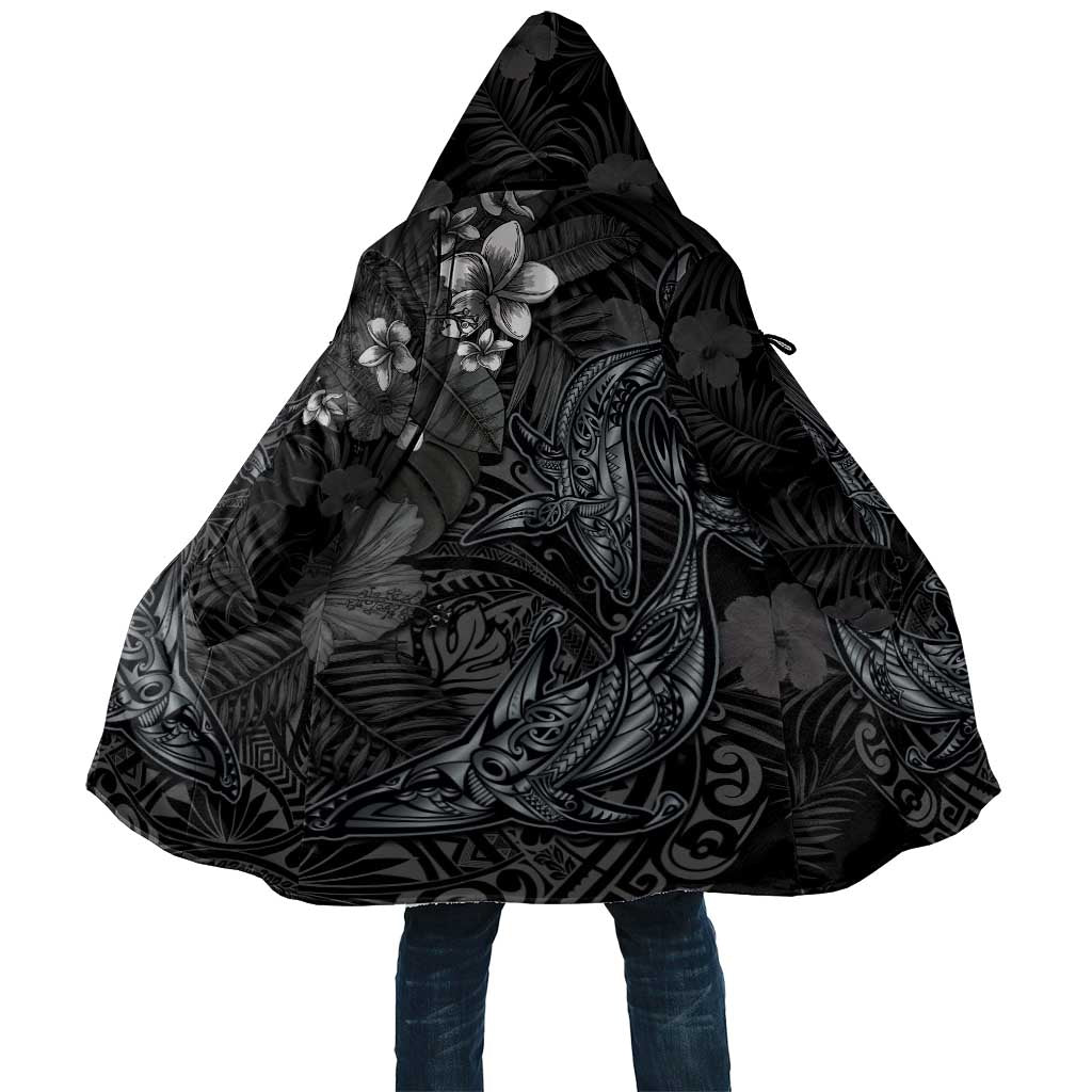 Hawaiian Tropical Plants and Tribal Whales Cloak Polynesian Art Tattoo Grayscale