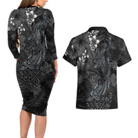 Hawaiian Tropical Plants and Tribal Whales Couples Matching Long Sleeve Bodycon Dress and Hawaiian Shirt Polynesian Art Tattoo Grayscale LT03 - Polynesian Pride