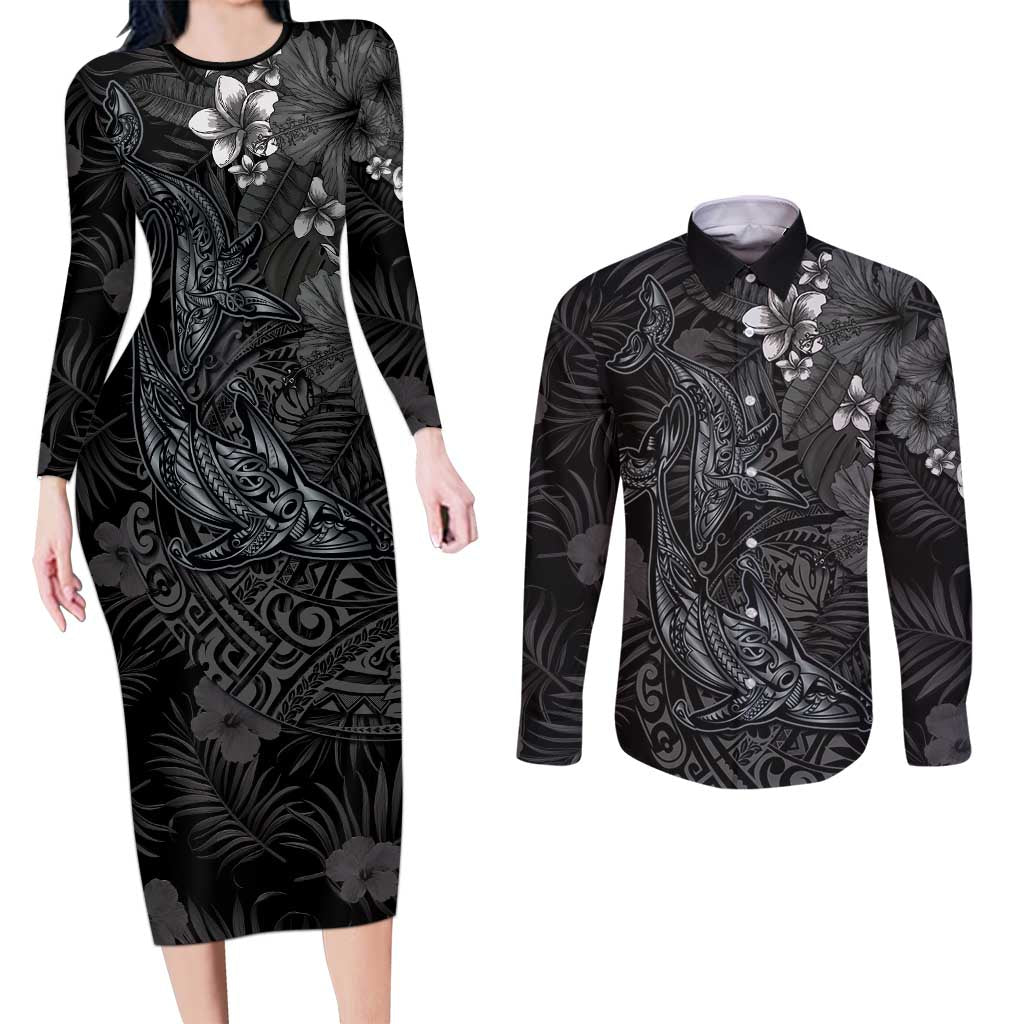 Hawaiian Tropical Plants and Tribal Whales Couples Matching Long Sleeve Bodycon Dress and Long Sleeve Button Shirt Polynesian Art Tattoo Grayscale