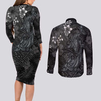Hawaiian Tropical Plants and Tribal Whales Couples Matching Long Sleeve Bodycon Dress and Long Sleeve Button Shirt Polynesian Art Tattoo Grayscale