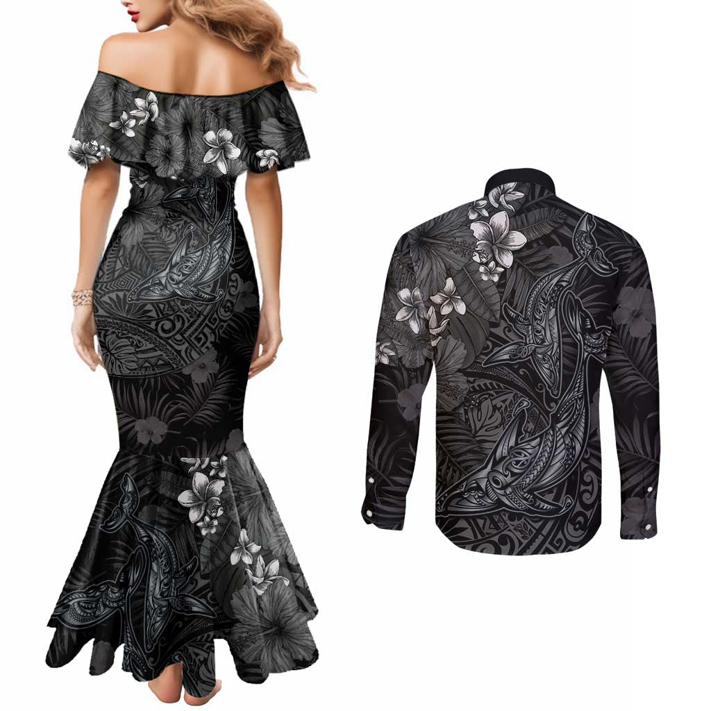 Hawaiian Tropical Plants and Tribal Whales Couples Matching Mermaid Dress and Long Sleeve Button Shirt Polynesian Art Tattoo Grayscale