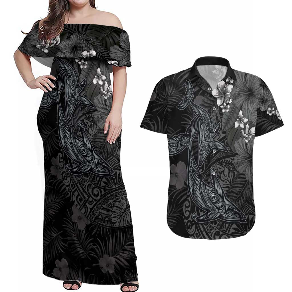 Hawaiian Tropical Plants and Tribal Whales Couples Matching Off Shoulder Maxi Dress and Hawaiian Shirt Polynesian Art Tattoo Grayscale
