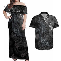 Hawaiian Tropical Plants and Tribal Whales Couples Matching Off Shoulder Maxi Dress and Hawaiian Shirt Polynesian Art Tattoo Grayscale