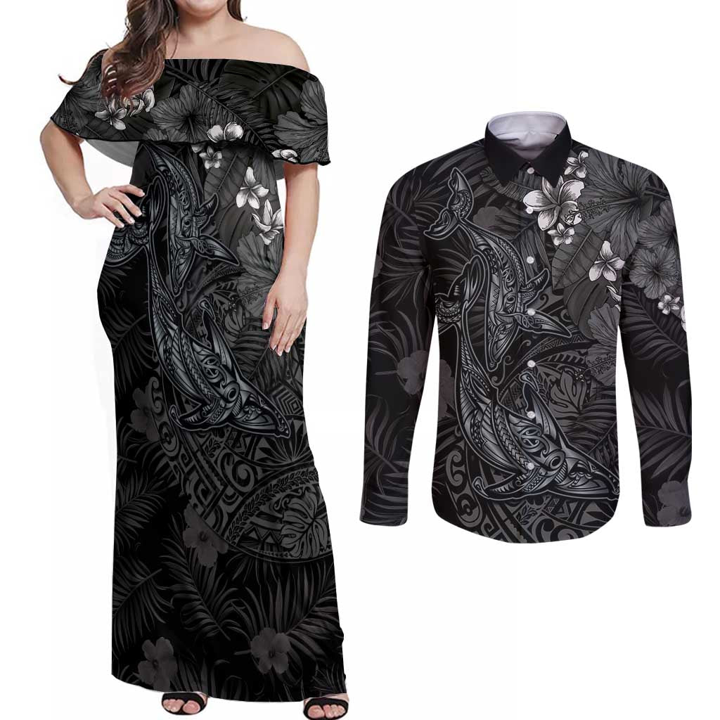 Hawaiian Tropical Plants and Tribal Whales Couples Matching Off Shoulder Maxi Dress and Long Sleeve Button Shirt Polynesian Art Tattoo Grayscale LT03 Black - Polynesian Pride