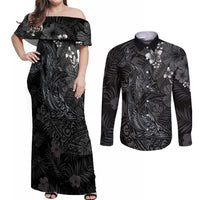 Hawaiian Tropical Plants and Tribal Whales Couples Matching Off Shoulder Maxi Dress and Long Sleeve Button Shirt Polynesian Art Tattoo Grayscale LT03 Black - Polynesian Pride
