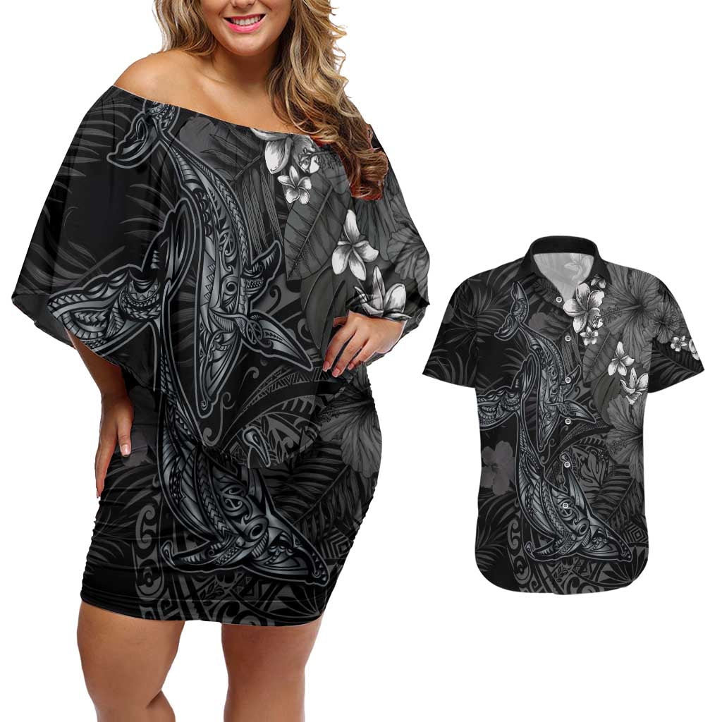 Hawaiian Tropical Plants and Tribal Whales Couples Matching Off Shoulder Short Dress and Hawaiian Shirt Polynesian Art Tattoo Grayscale
