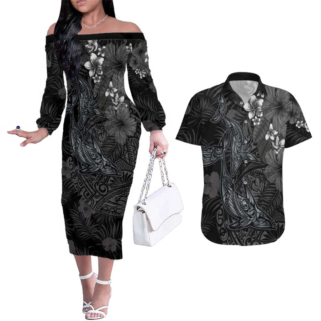 Hawaiian Tropical Plants and Tribal Whales Couples Matching Off The Shoulder Long Sleeve Dress and Hawaiian Shirt Polynesian Art Tattoo Grayscale LT03 Black - Polynesian Pride