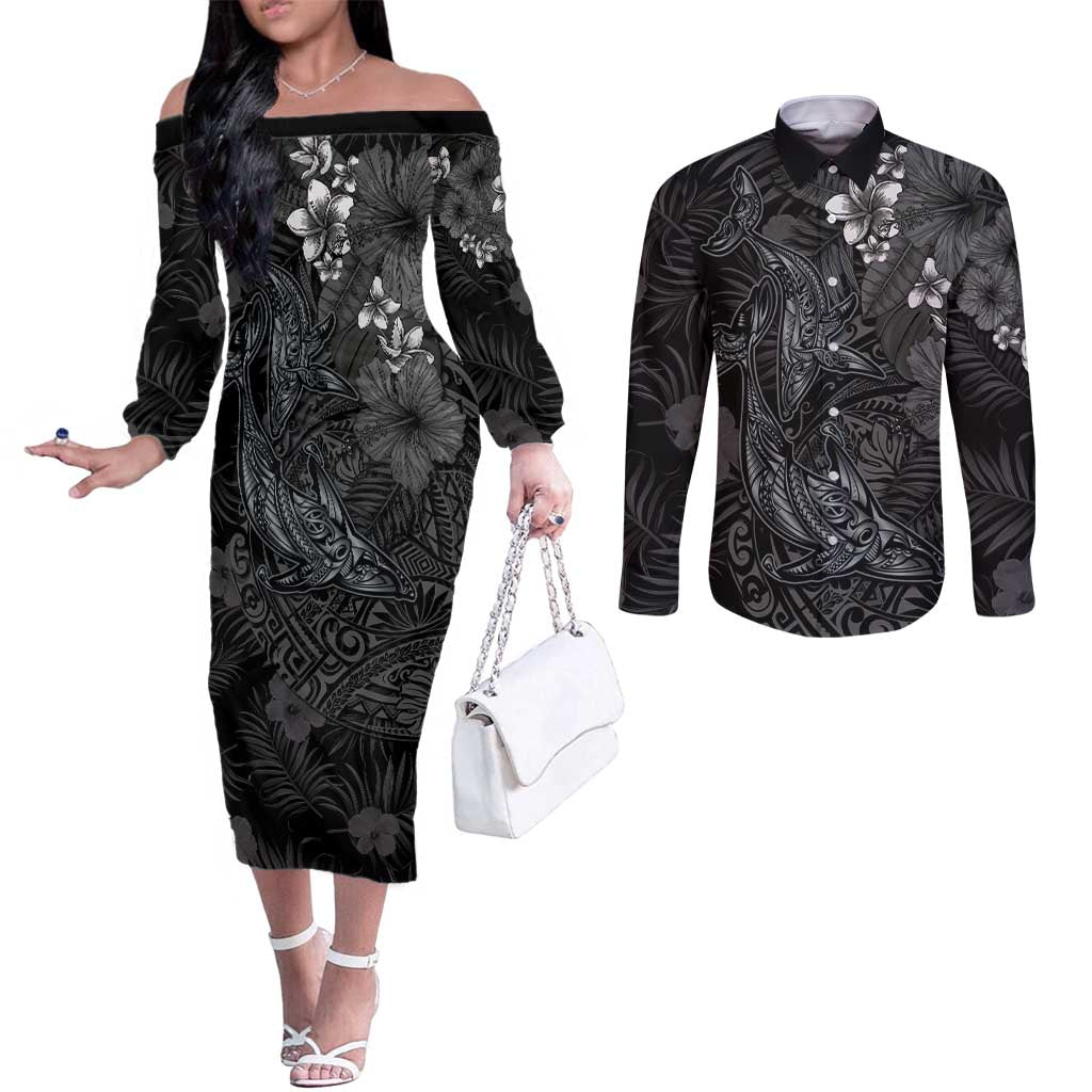 Hawaiian Tropical Plants and Tribal Whales Couples Matching Off The Shoulder Long Sleeve Dress and Long Sleeve Button Shirt Polynesian Art Tattoo Grayscale